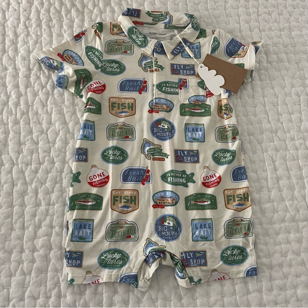 SOLD!!! NWT Angel Dear Bamboo Bait Shop Sign Fishing Polo Romper